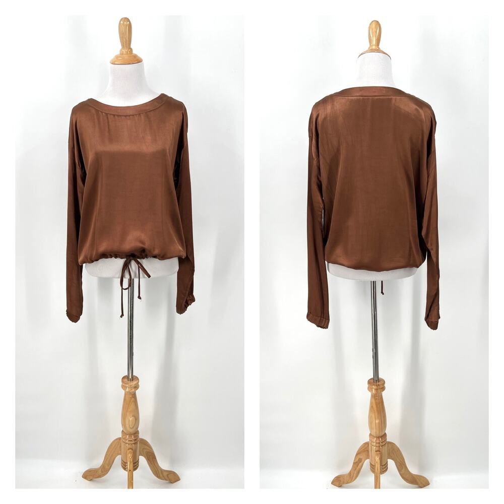 PHARAOH COLLECTION Justine Long Sleeve Top Womens Brown Satin Boat Neck NEW